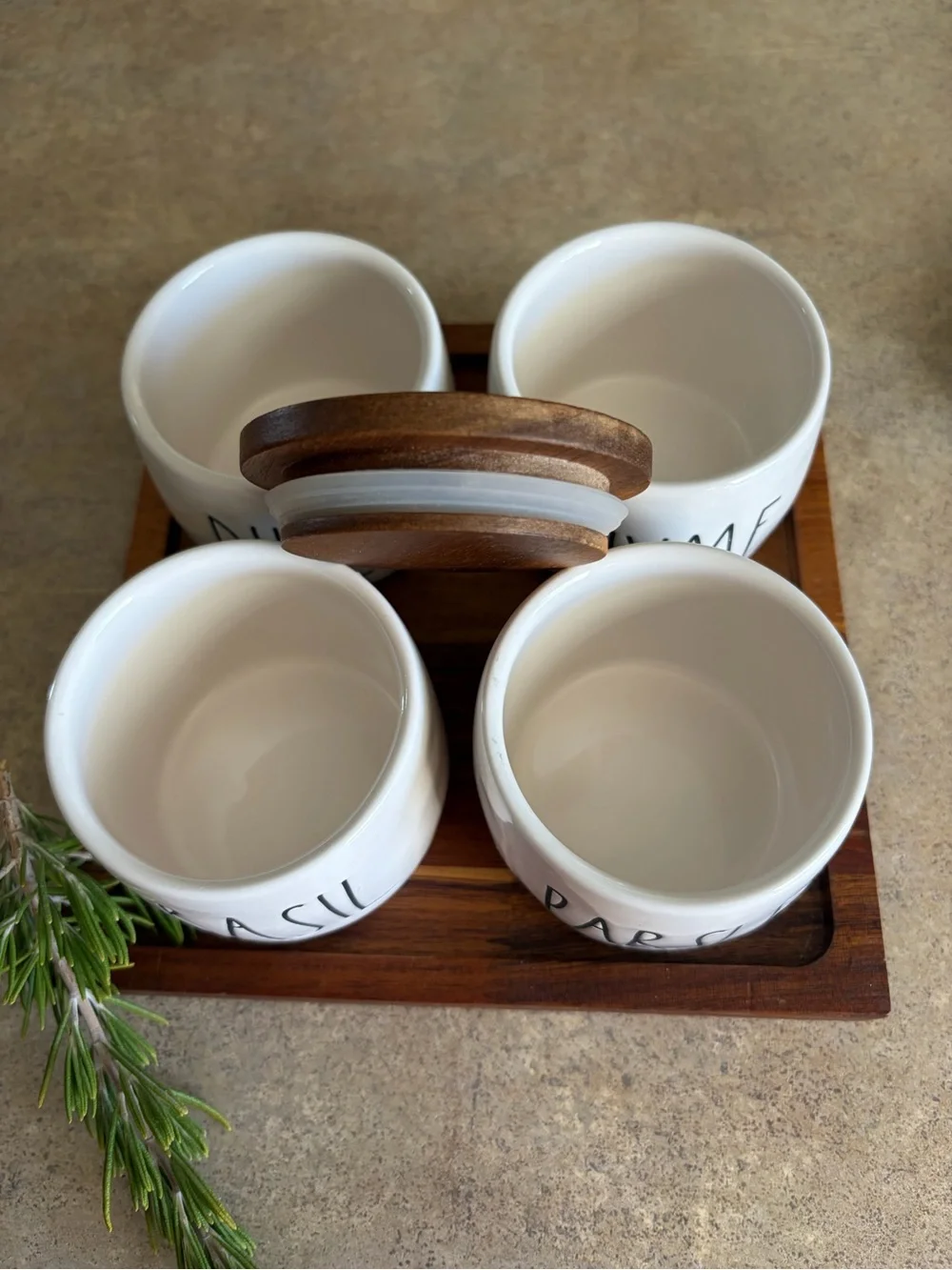 Rae Dunn White Ceramic Herb Jars with Wood Lids and Wooden Tray